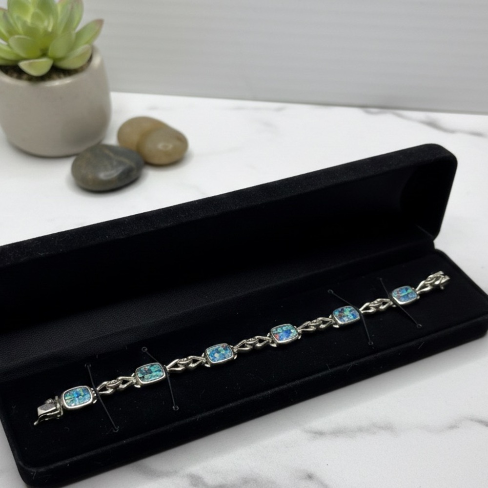 Vintage Sun Jewelry Sterling Silver Mosaic Opal Link Bracelet